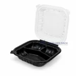 Wl Bw93 Black Three Compartment Hinged Deli Container Open Lid Left View 01