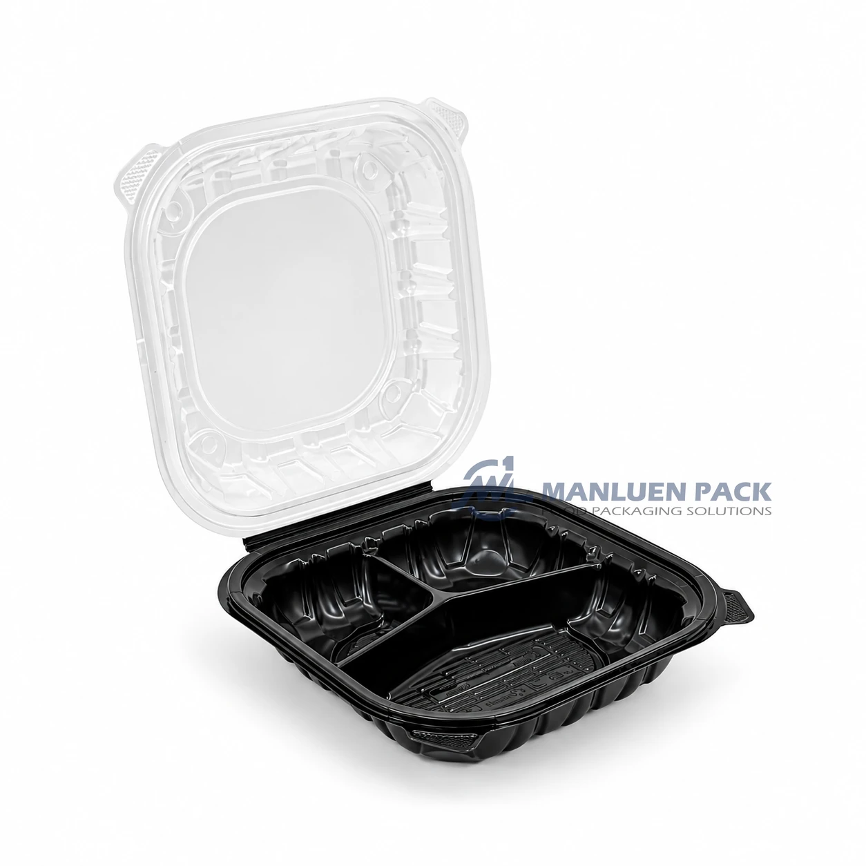 WL-BW93 9x9 Three Compartment PP Hinged Clamshell Container For Sale 1 WL-BW93 large 9x9 black PP three compartment clamshell container with clear hinged lid open right view
