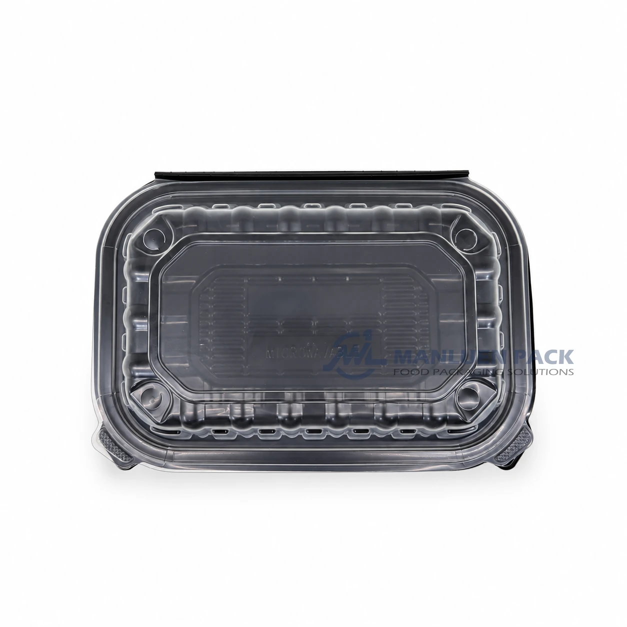 WL-BW96 9x6 Disposable Rectangular PP Hinged Clamshell Container 3 WL-BW96 transparent hinged lid top view of black rectangular plastic clamshell takeout container