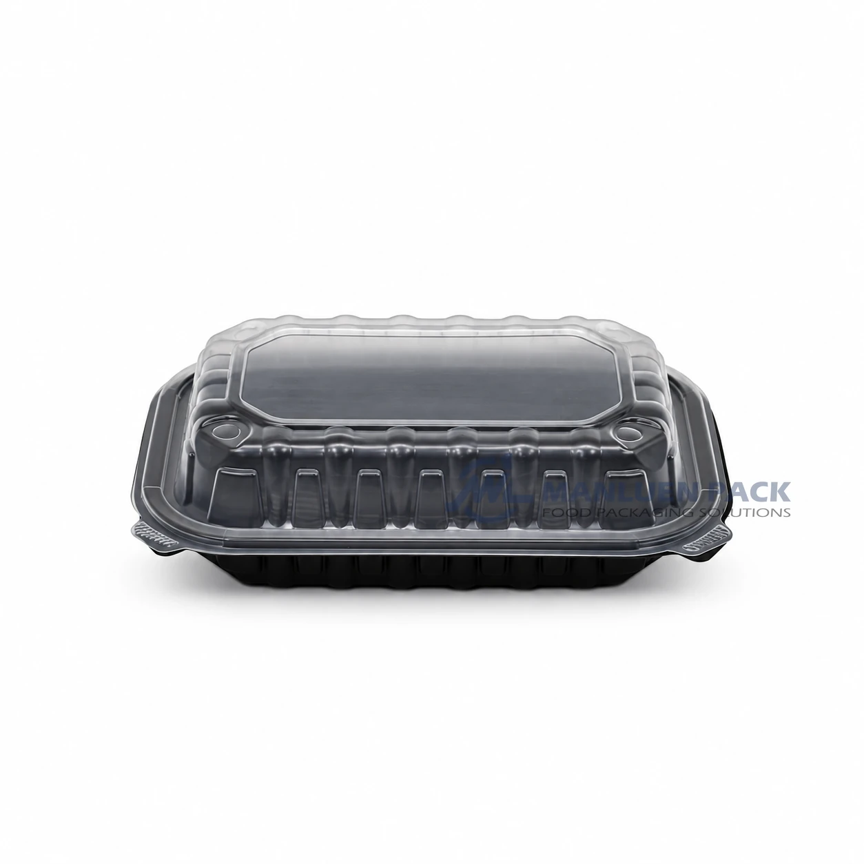 WL-BW96 9x6 Disposable Rectangular PP Hinged Clamshell Container 4 WL-BW96 black PP rectangle clamshell food container with clear lid closed front view for wholesale takeaway packaging
