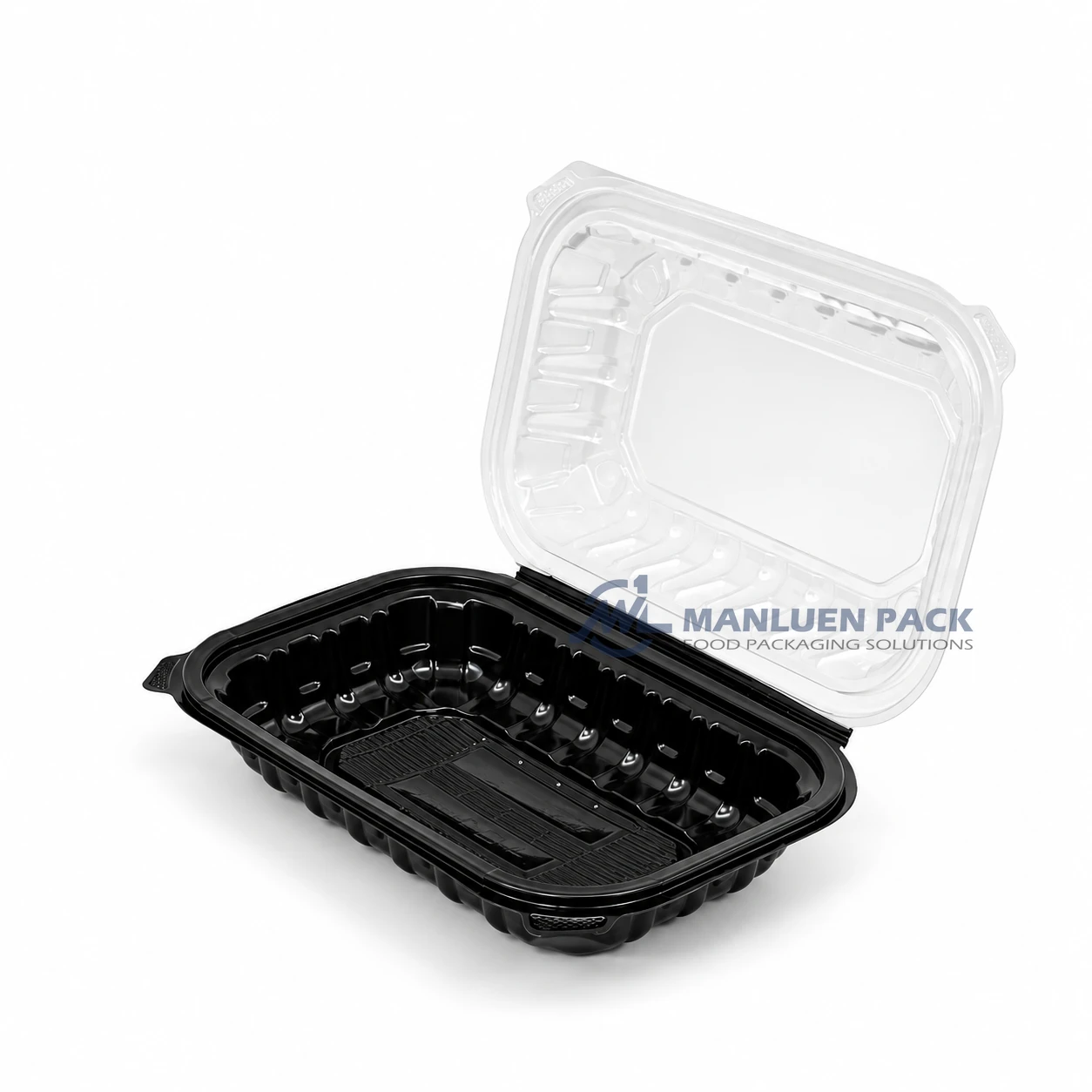 Wl Bw96 Black Rectangular Hinged Food Container Open Lid Left View 01