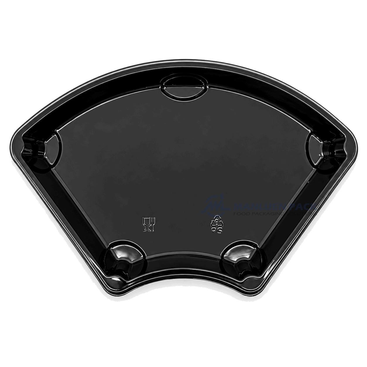 Top view of the WL-F1 black fan-shaped sushi display tray without a lid, with molded details visible near the curved edge.