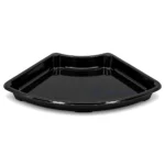 Front elevated view of the WL-F1 black fan-shaped takeout sushi tray without its lid, showing a single open compartment and broad curved front rim.