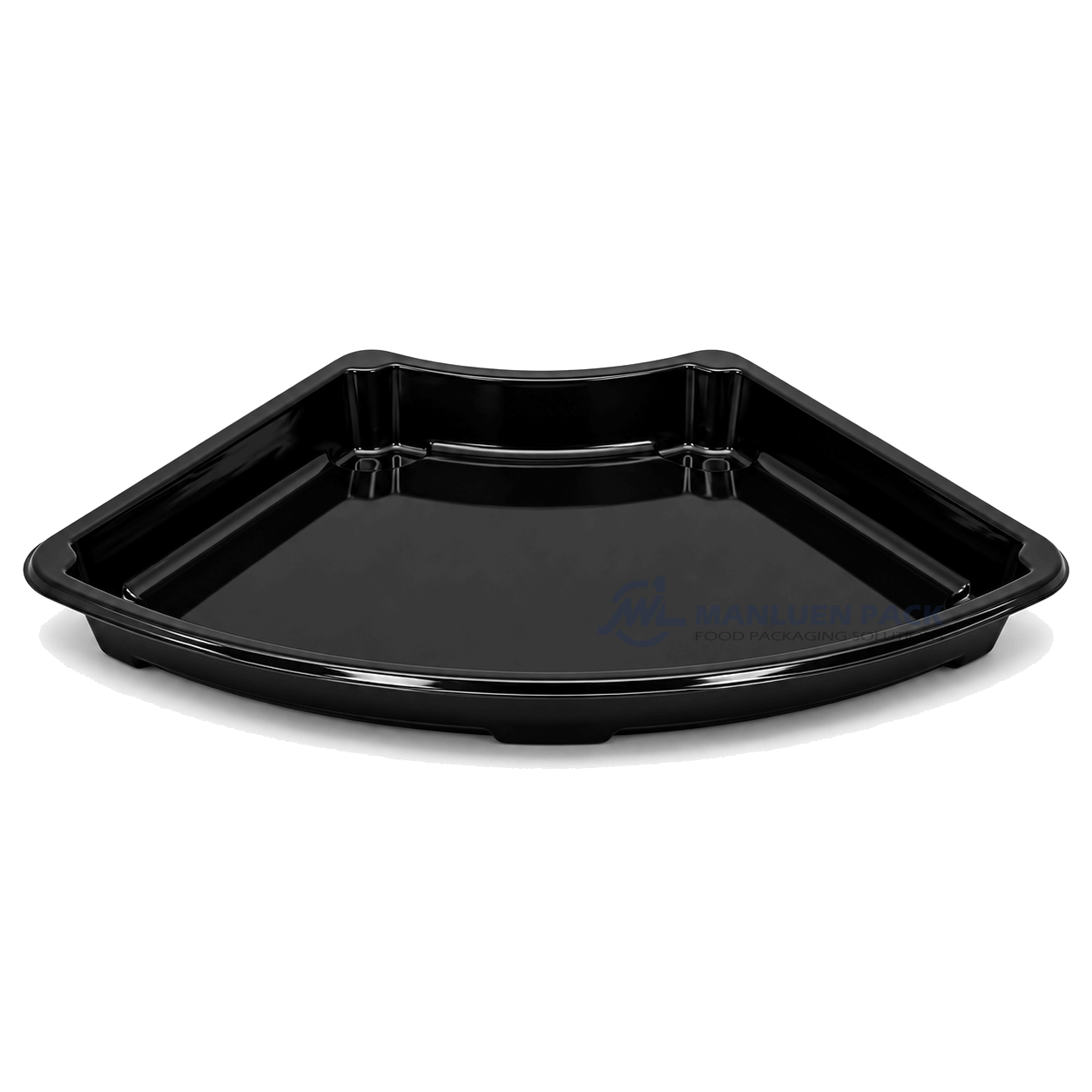Front elevated view of the WL-F1 black fan-shaped takeout sushi tray without its lid, showing a single open compartment and broad curved front rim.