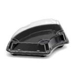 Angled view of the WL-F1 black fan-shaped sushi box container with a transparent raised lid, showing its curved side and molded cover details.