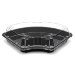 Front elevated view of the WL-F1 black fan-shaped sushi container with a clear fitted lid and molded ribs along the front.