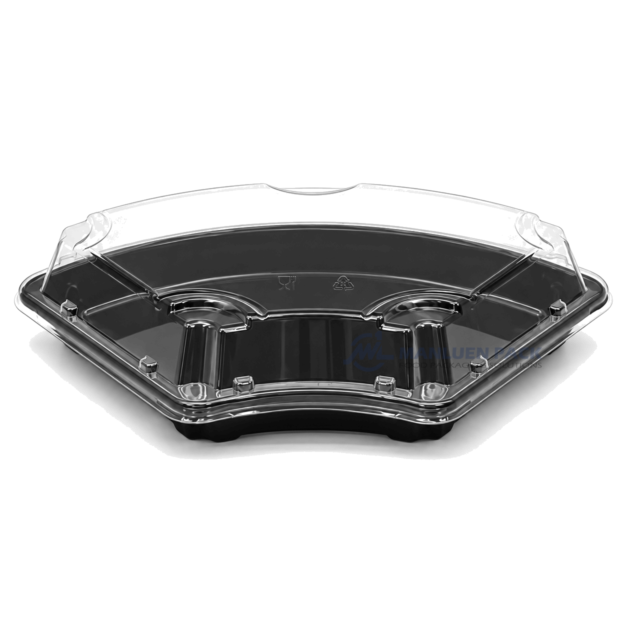 Front elevated view of the WL-F1 black fan-shaped sushi container with a clear fitted lid and molded ribs along the front.