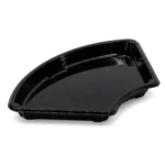 Angled side view of the WL-F1 disposable plastic sushi tray without a lid, showing the black interior, raised sidewall and curved rim.