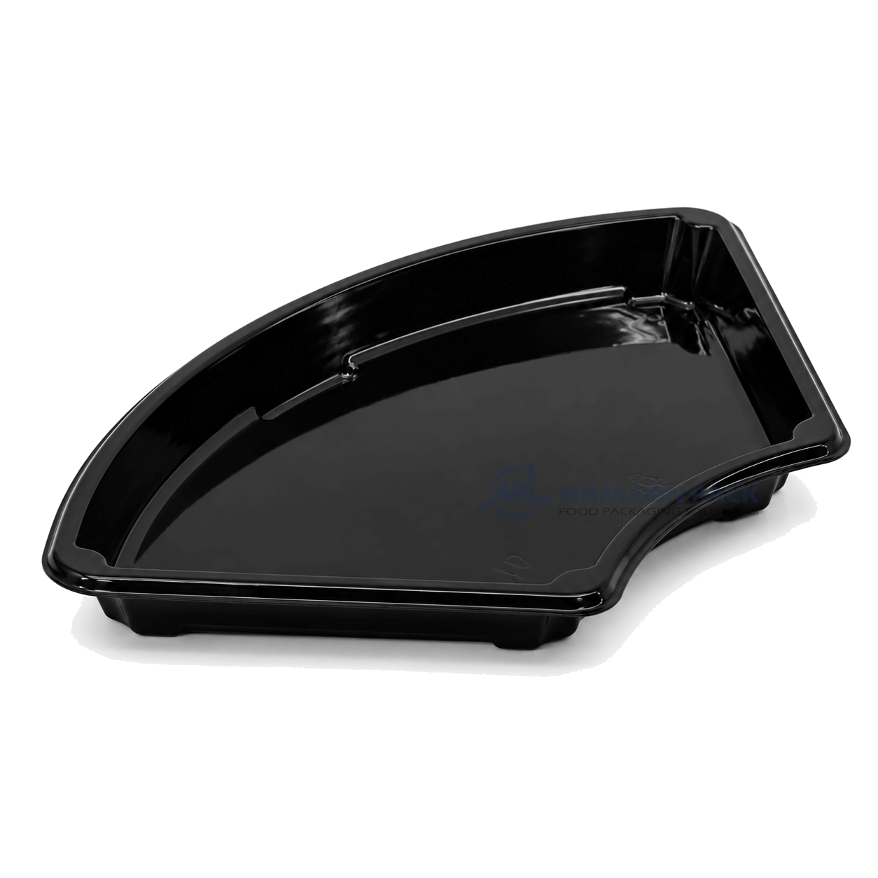 Angled side view of the WL-F1 disposable plastic sushi tray without a lid, showing the black interior, raised sidewall and curved rim.