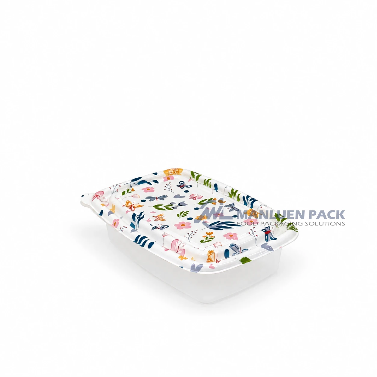 WL-S1000 Clear Single Compartment PP Meal Prep Container with Lid 3 WL-S1000 stackable clear PP bento box with decorative floral printed lid angled view