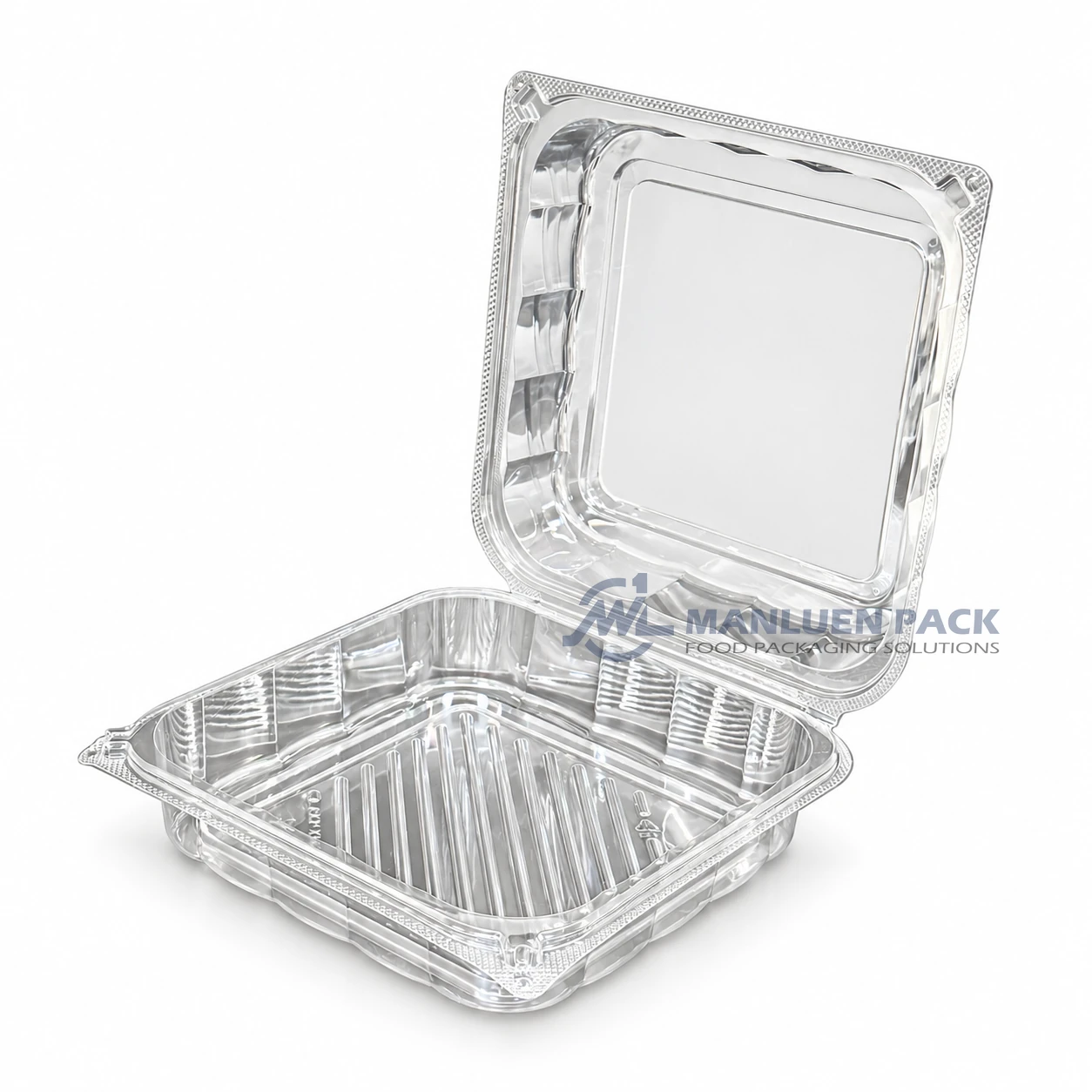 WL-X147 Disposable Large Clear PP Square Hinged Deli Container 3 WL-X147 clear plastic hinged deli container featuring integrated lid and molded ribbed sidewalls