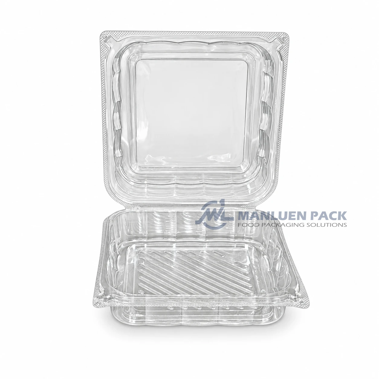 WL-X147 Disposable Large Clear PP Square Hinged Deli Container 1 WL-X147 clear PP square hinged clamshell container showing ribbed base and molded sidewall reinforcement