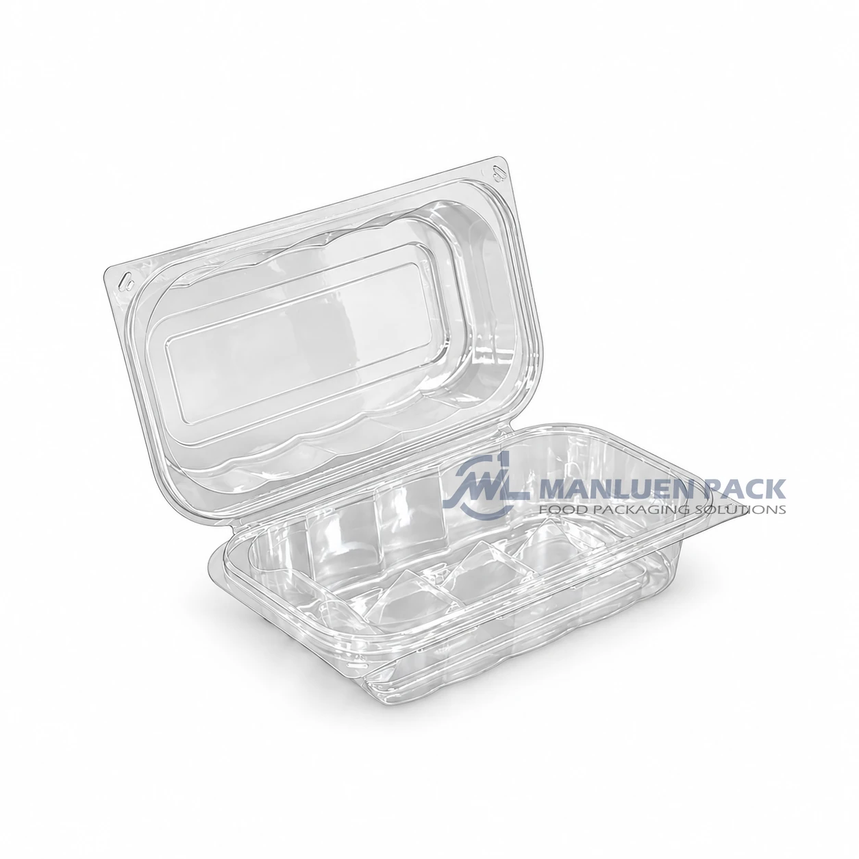 WL-X149 Plastic Clear Rectangular PP Hinged Clamshell Container 1 WL-X149 clear rectangular PP hinged clamshell container with molded raised ribs and single compartment base