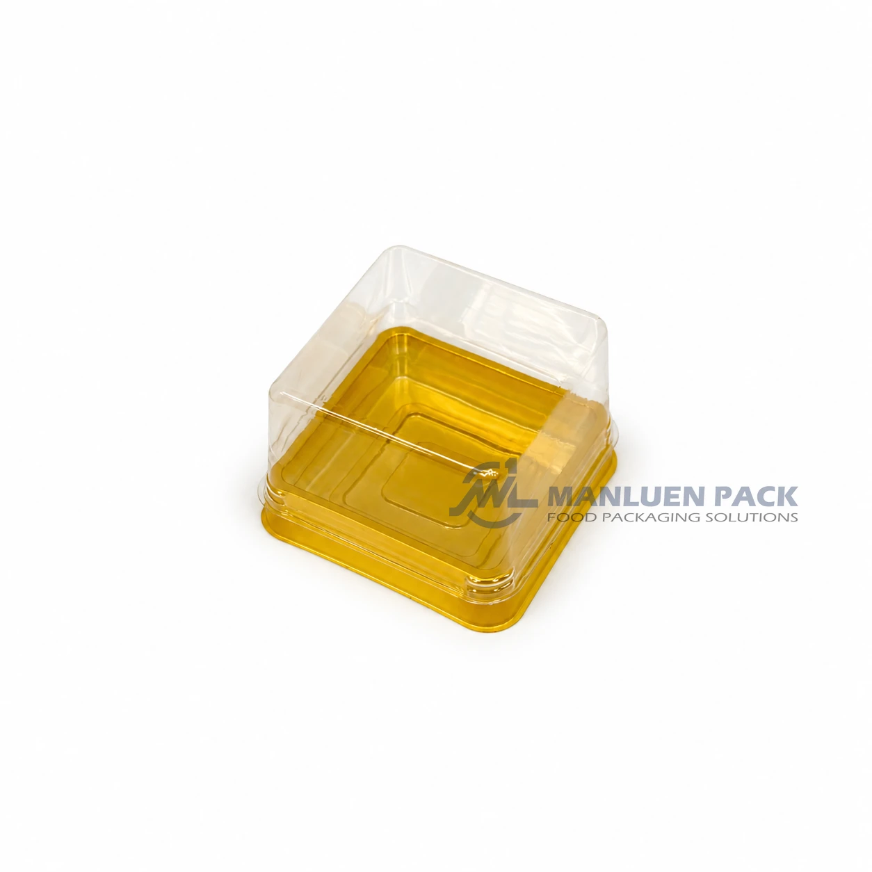 WL-Y50 Mini Composable Square Cake Container with Clear Lid 2 WL-Y50 small square cake tray with clear lid and gold yellow base for miniature desserts and bakery packaging