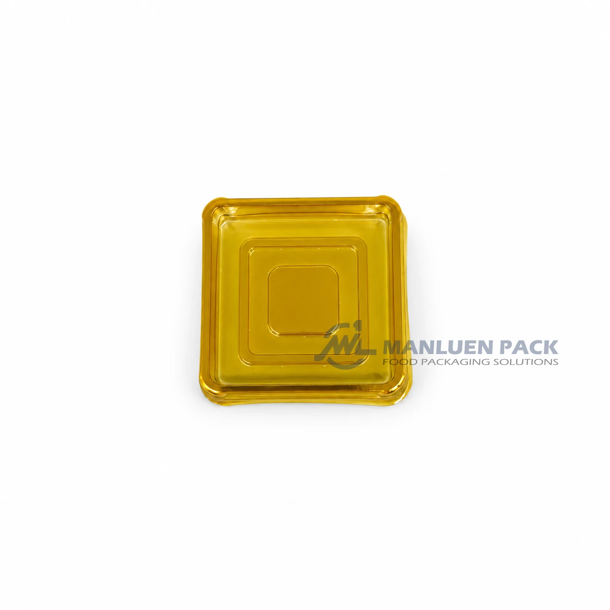 WL-Y50 Mini Composable Square Cake Container with Clear Lid 1 WL-Y50 WL-026 mini square PLA cake container with gold-tone yellow base and clear lid product view